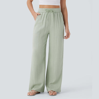 Women's High Waist Drawstring Pocket Wide-Leg Casual Linen-Like Pants