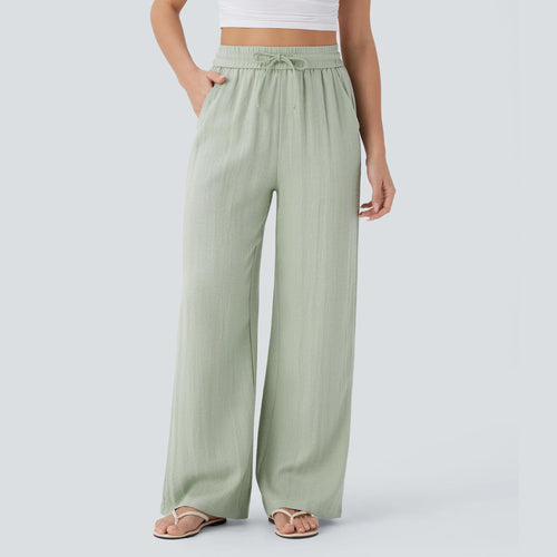 Women's High Waist Drawstring Pocket Wide-Leg Casual Linen-Like Pants