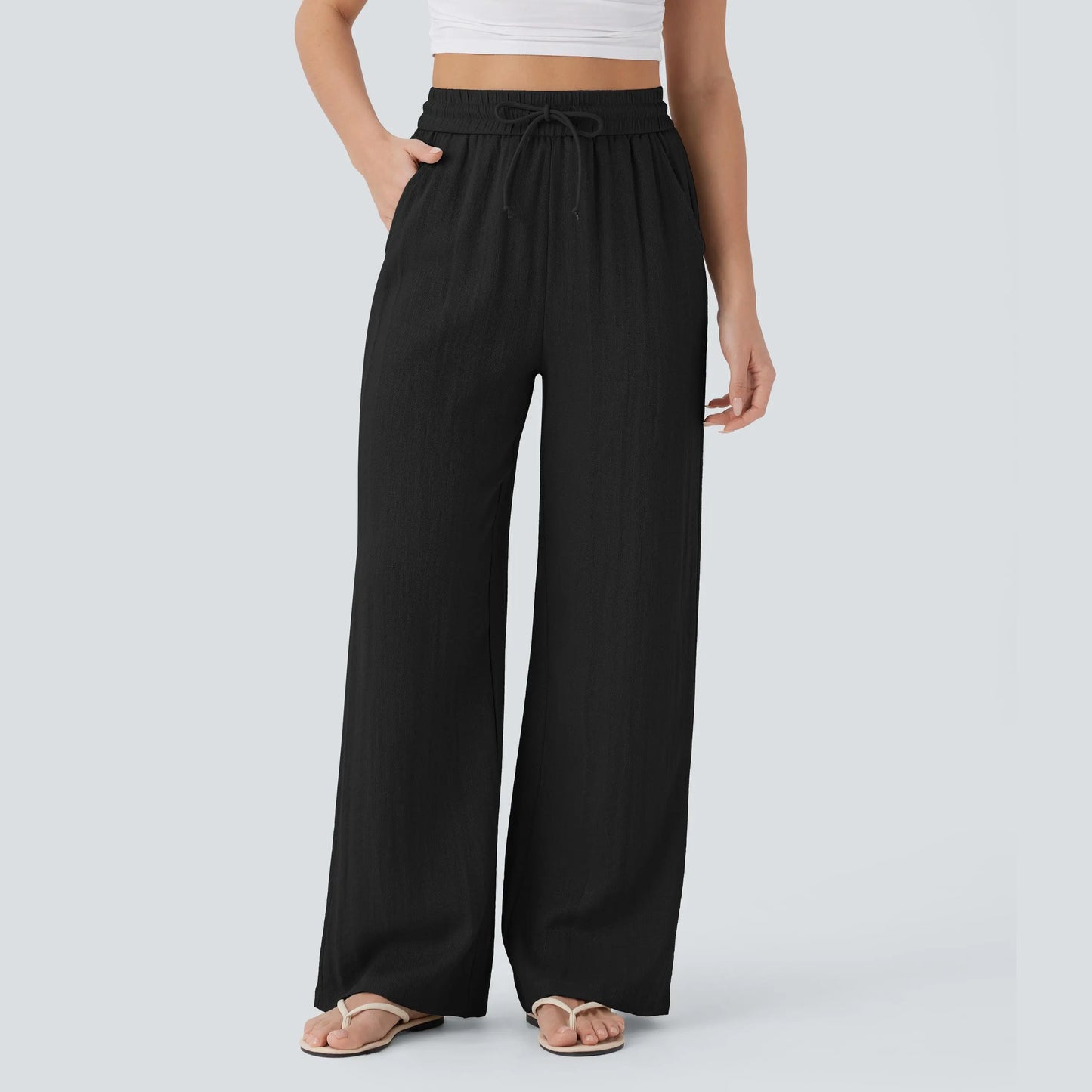 Women's High Waist Drawstring Pocket Wide-Leg Casual Linen-Like Pants