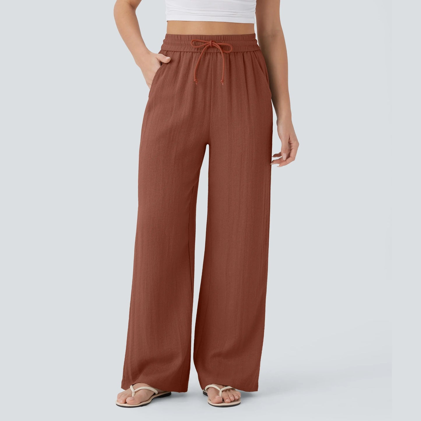 Women's High Waist Drawstring Pocket Wide-Leg Casual Linen-Like Pants