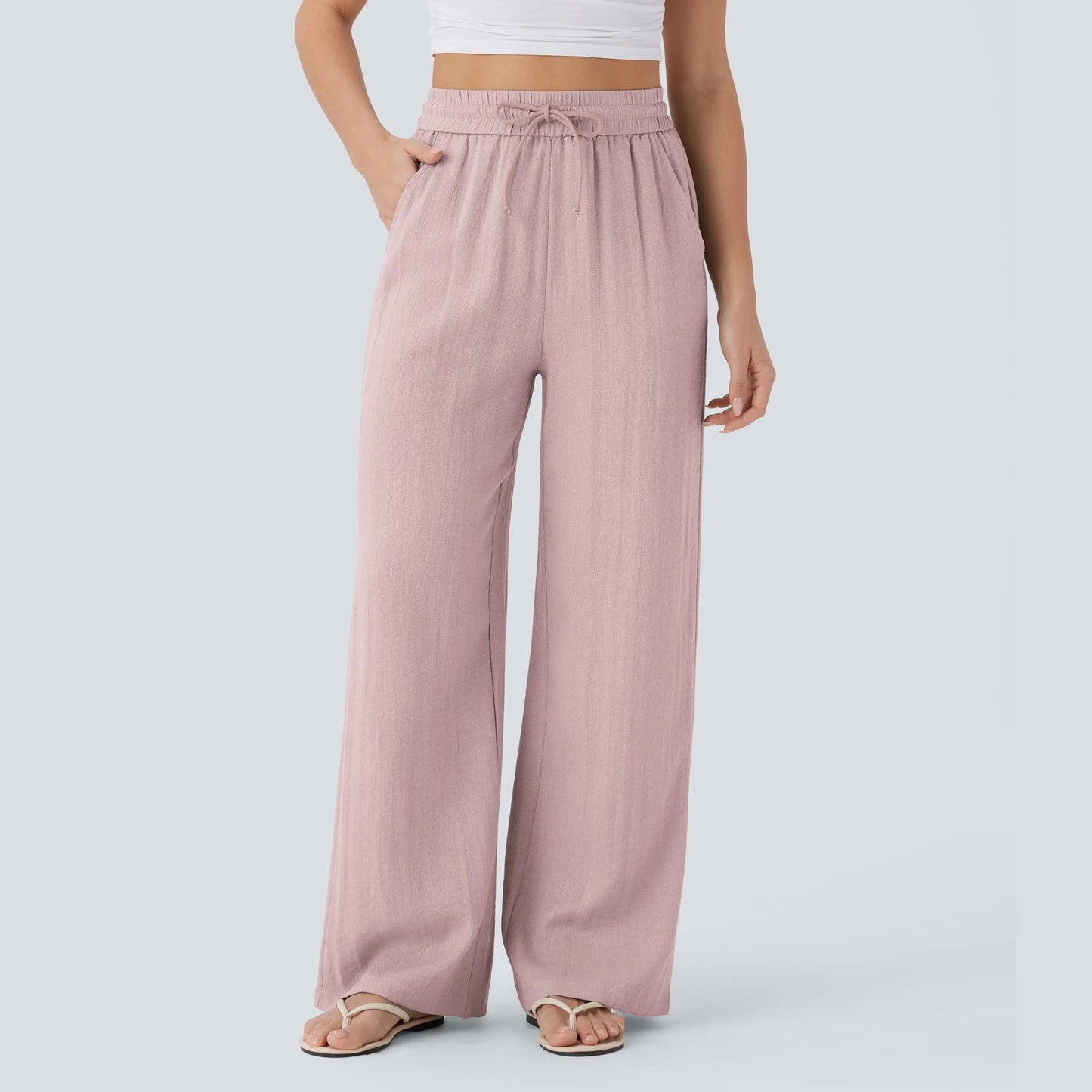 Women's High Waist Drawstring Pocket Wide-Leg Casual Linen-Like Pants