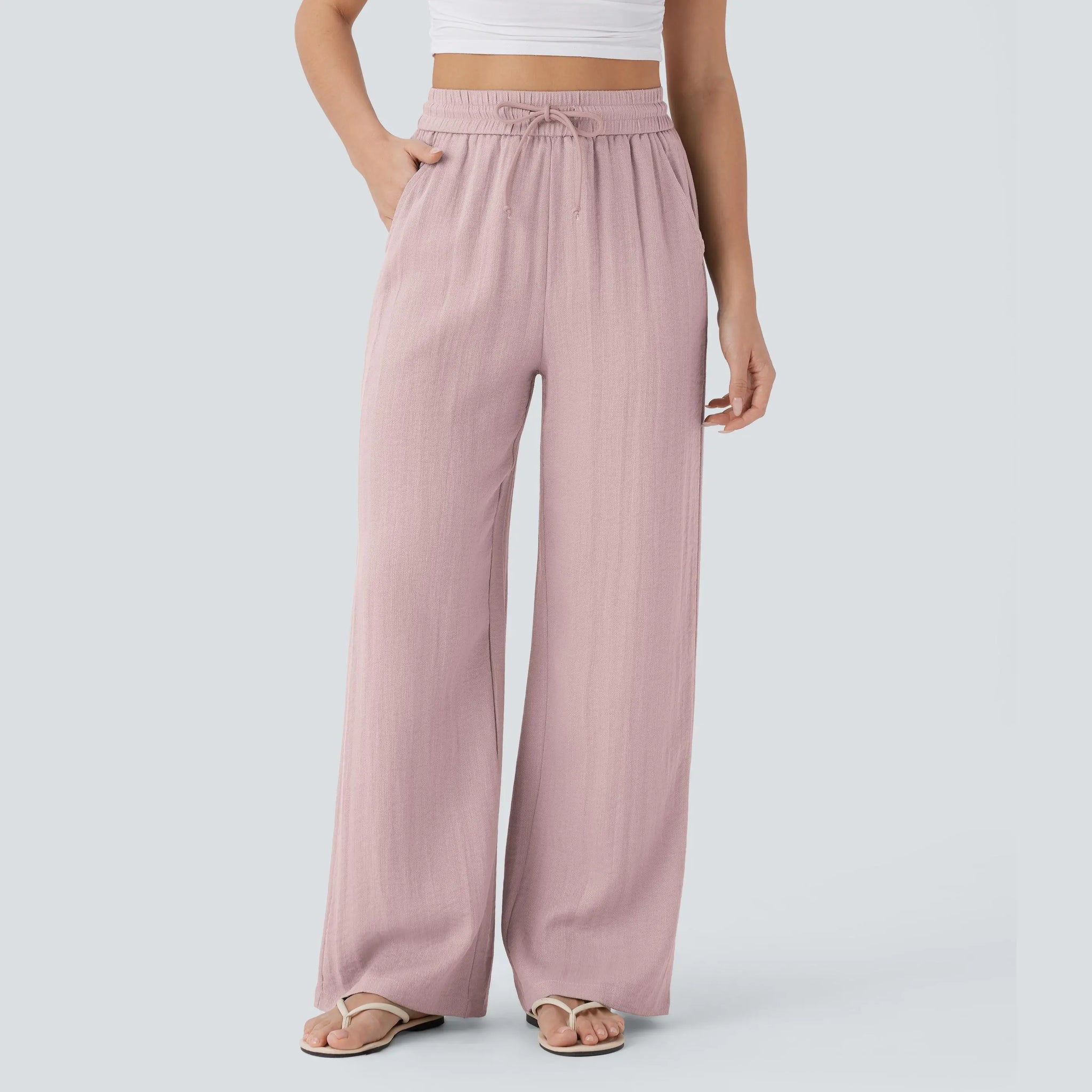 Women's High Waist Drawstring Pocket Wide-Leg Casual Linen-Like Pants