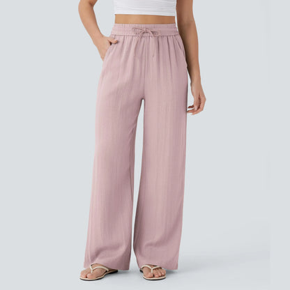 Women's High Waist Drawstring Pocket Wide-Leg Casual Linen-Like Pants