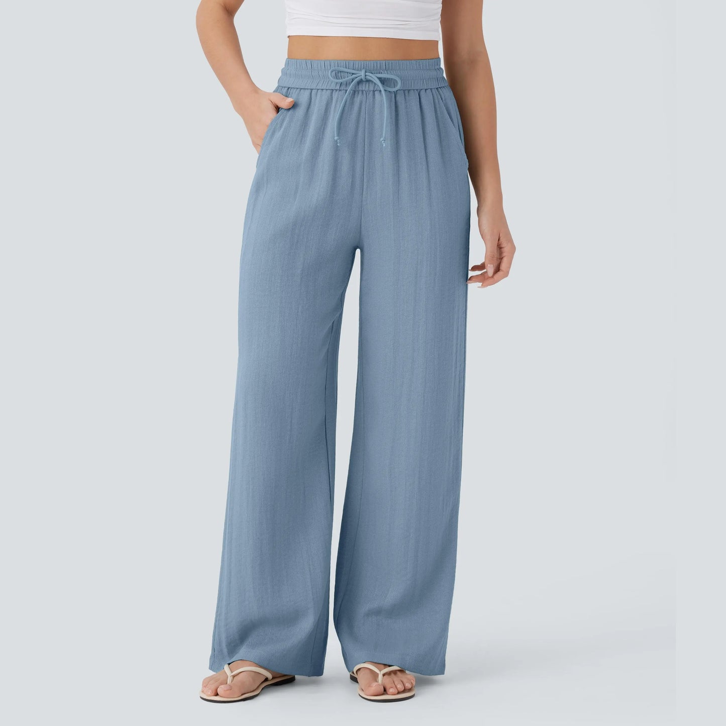 Women's High Waist Drawstring Pocket Wide-Leg Casual Linen-Like Pants