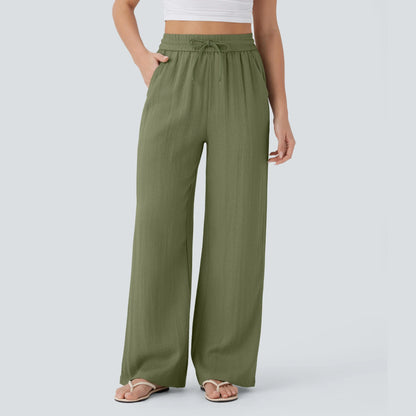 Women's High Waist Drawstring Pocket Wide-Leg Casual Linen-Like Pants
