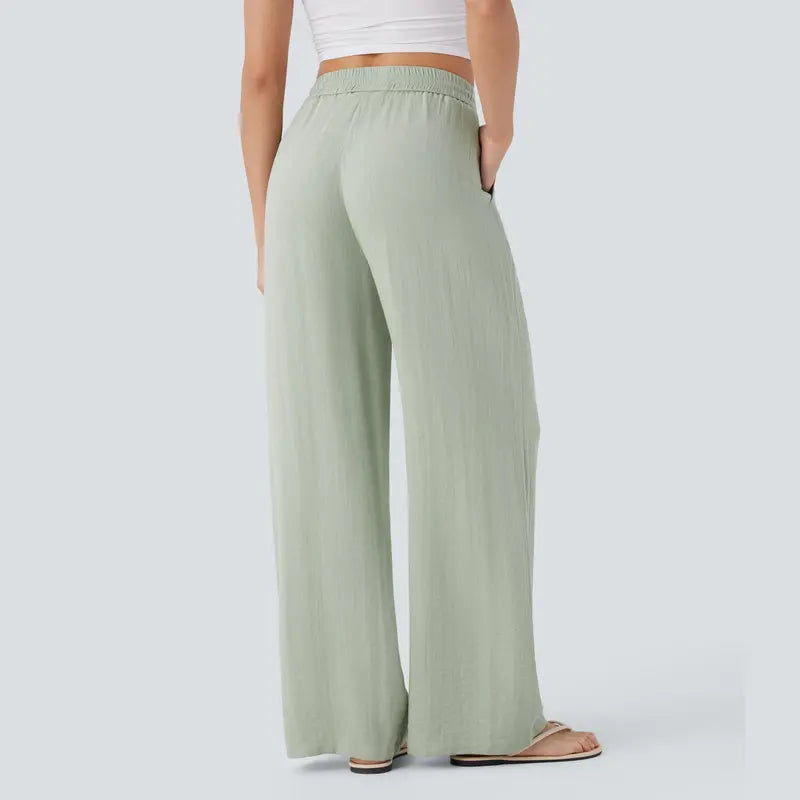 Women's High Waist Drawstring Pocket Wide-Leg Casual Linen-Like Pants