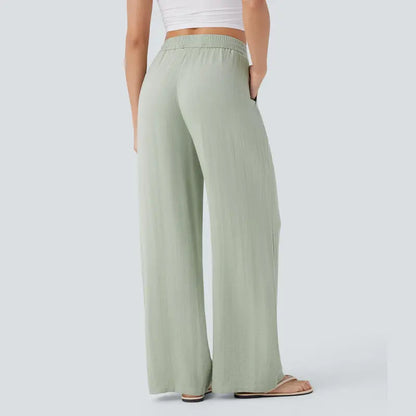 Women's High Waist Drawstring Pocket Wide-Leg Casual Linen-Like Pants