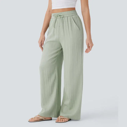 Women's High Waist Drawstring Pocket Wide-Leg Casual Linen-Like Pants