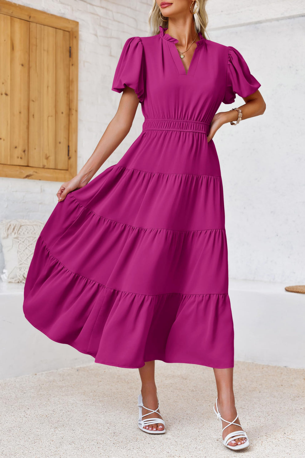 Tiered Dress with Puff Sleeves and Cinched Waist（BUY 2 FREE SHIPPING)