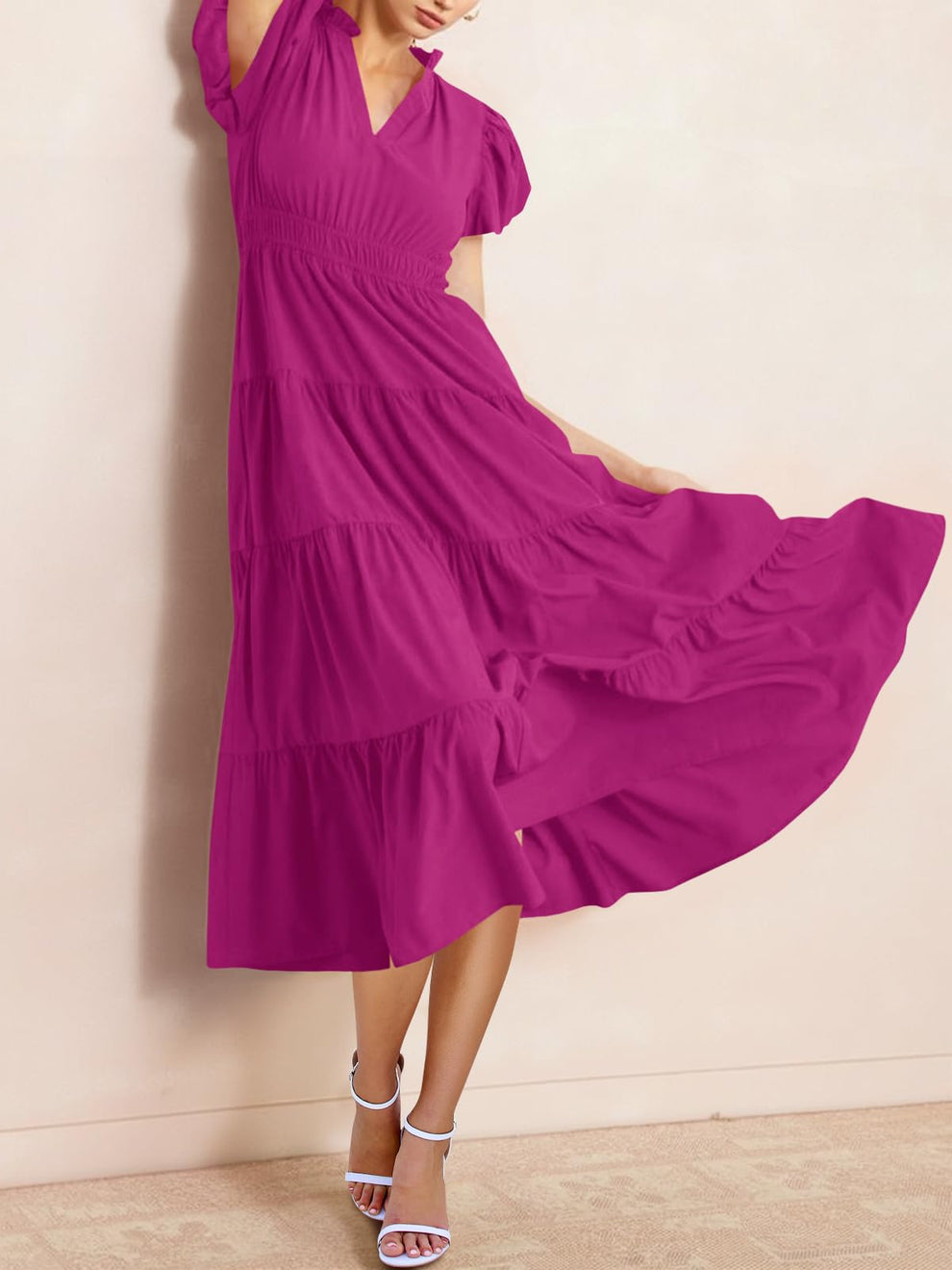 Tiered Dress with Puff Sleeves and Cinched Waist（BUY 2 FREE SHIPPING)