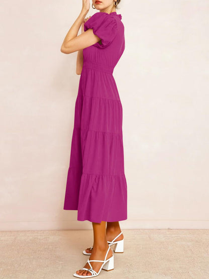 Tiered Dress with Puff Sleeves and Cinched Waist（BUY 2 FREE SHIPPING)