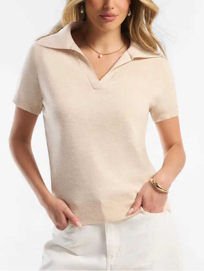 Women's Wool Blend Polo V-Neck Short Sleeve Sweater Top