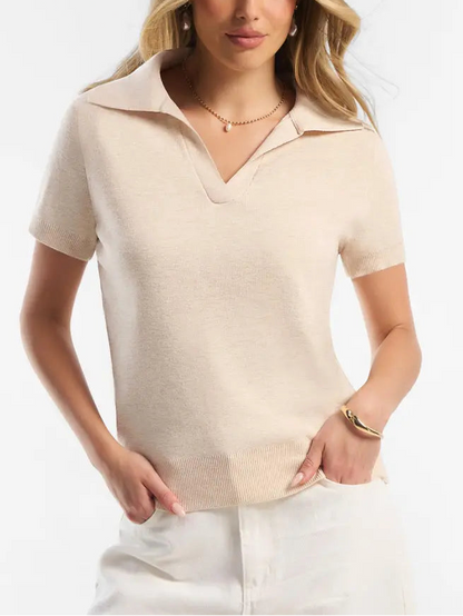Women's Wool Blend Polo V-Neck Short Sleeve Sweater Top