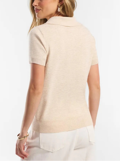 Women's Wool Blend Polo V-Neck Short Sleeve Sweater Top