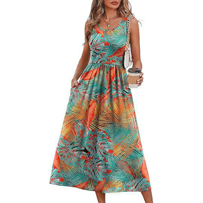 2026 Summer Women's Sleeveless Printed Vest Dress with Pockets