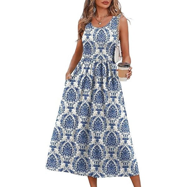 2026 Summer Women's Sleeveless Printed Vest Dress with Pockets