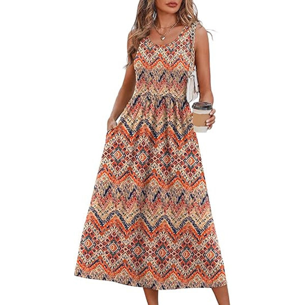 2026 Summer Women's Sleeveless Printed Vest Dress with Pockets