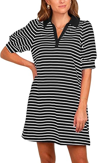 Limited time sale🔥Women's Casual Polo V Neck T Shirt Striped Dress