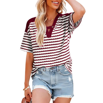 Women's Tops Summer Casual Short Sleeve Shirts V Neck Striped Color Block T-Shirts Blouses