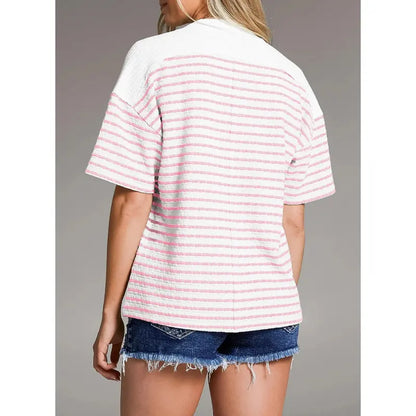 Women's Tops Summer Casual Short Sleeve Shirts V Neck Striped Color Block T-Shirts Blouses