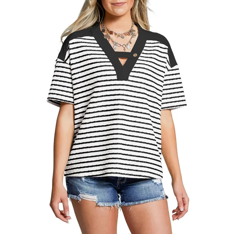 Women's Tops Summer Casual Short Sleeve Shirts V Neck Striped Color Block T-Shirts Blouses