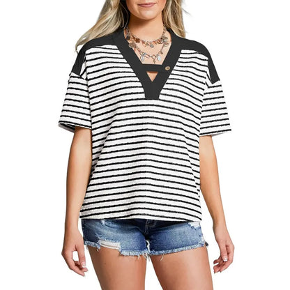 Women's Tops Summer Casual Short Sleeve Shirts V Neck Striped Color Block T-Shirts Blouses