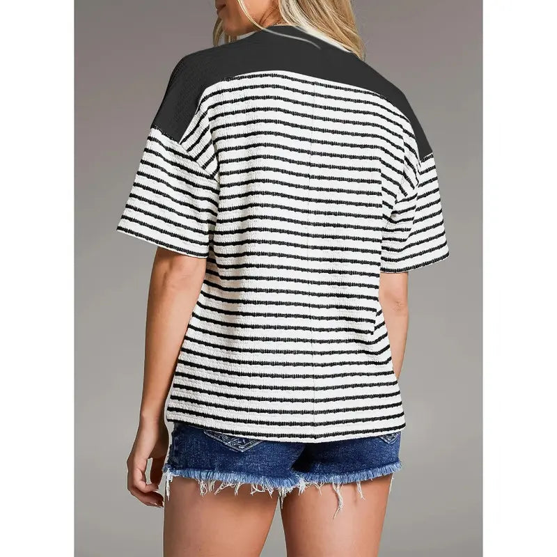 Women's Tops Summer Casual Short Sleeve Shirts V Neck Striped Color Block T-Shirts Blouses