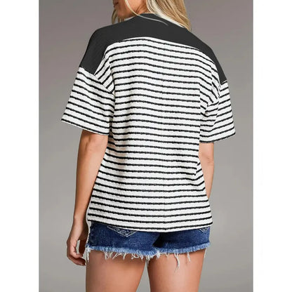 Women's Tops Summer Casual Short Sleeve Shirts V Neck Striped Color Block T-Shirts Blouses