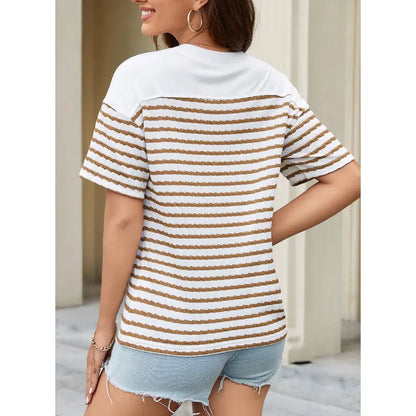 Women's Tops Summer Casual Short Sleeve Shirts V Neck Striped Color Block T-Shirts Blouses