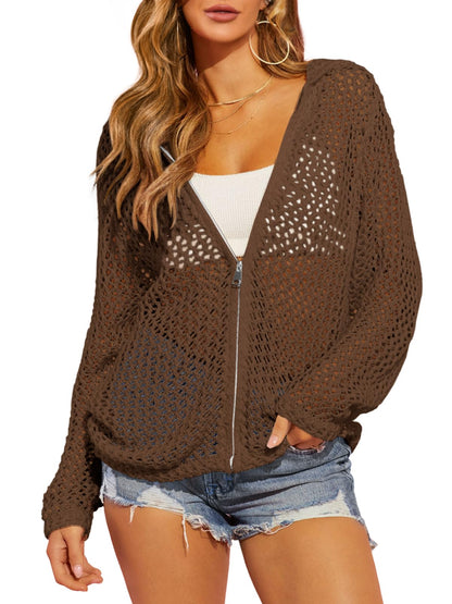 Limited time sale🔥Womens Crochet Lightweight Cardigans Zip Up Hooded Cover Up