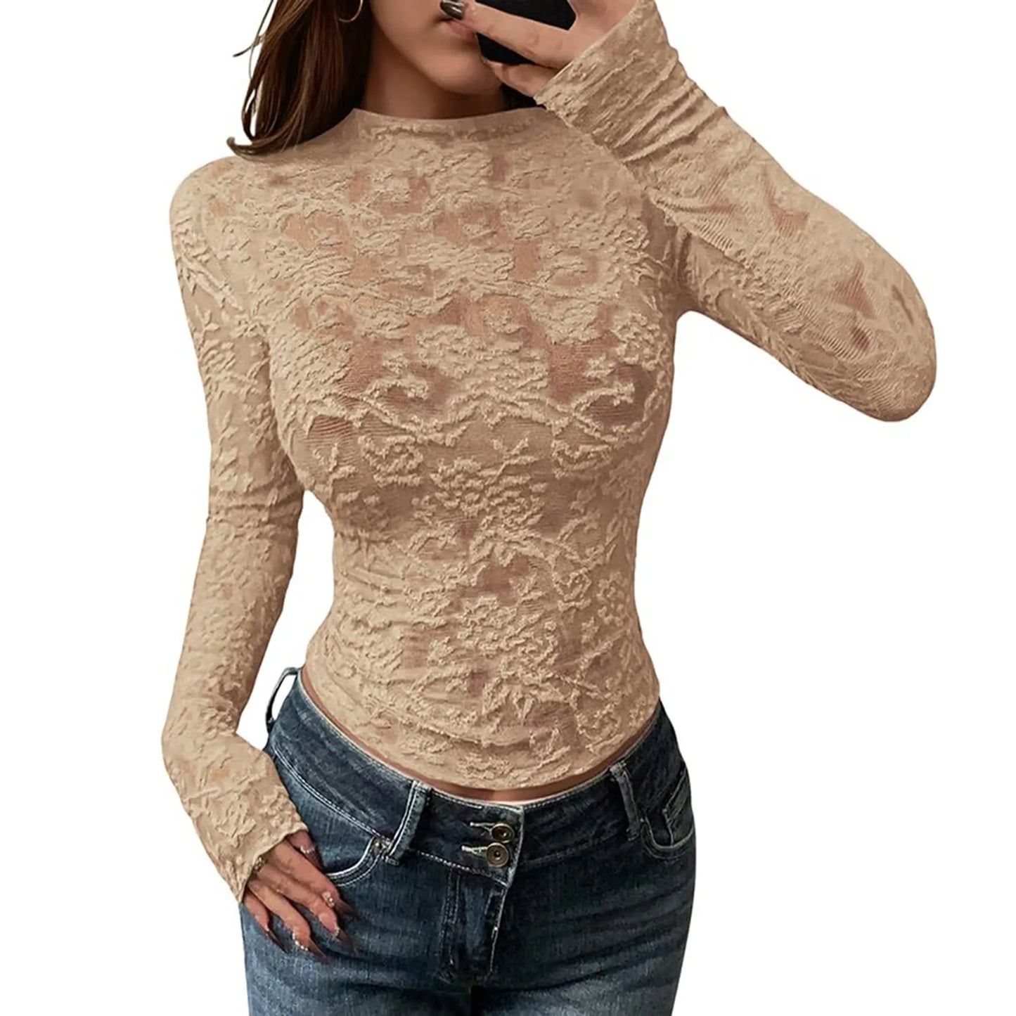 Women Sheer Lace Mesh Long Sleeve Round Neck Slim Blouse