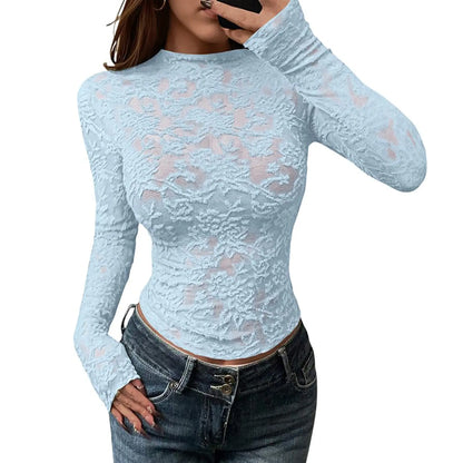 Women Sheer Lace Mesh Long Sleeve Round Neck Slim Blouse