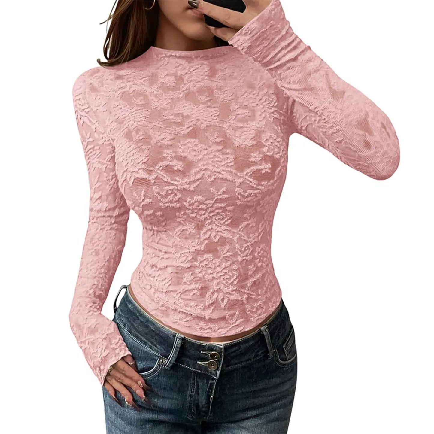 Women Sheer Lace Mesh Long Sleeve Round Neck Slim Blouse