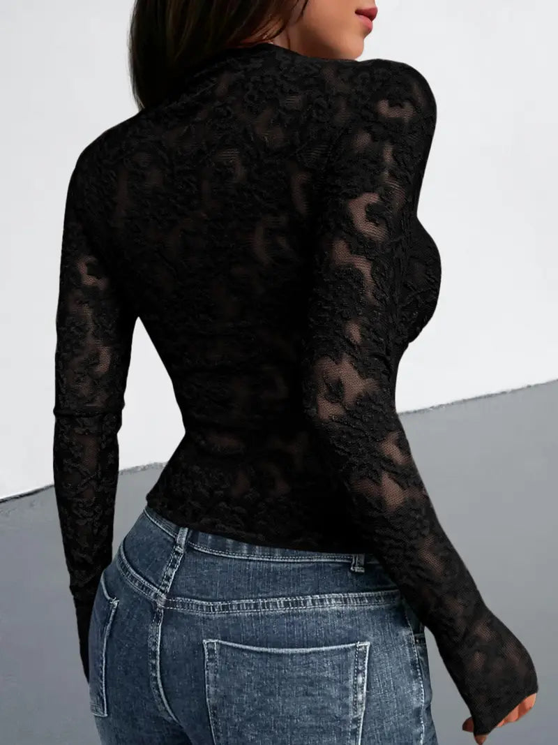 Women Sheer Lace Mesh Long Sleeve Round Neck Slim Blouse