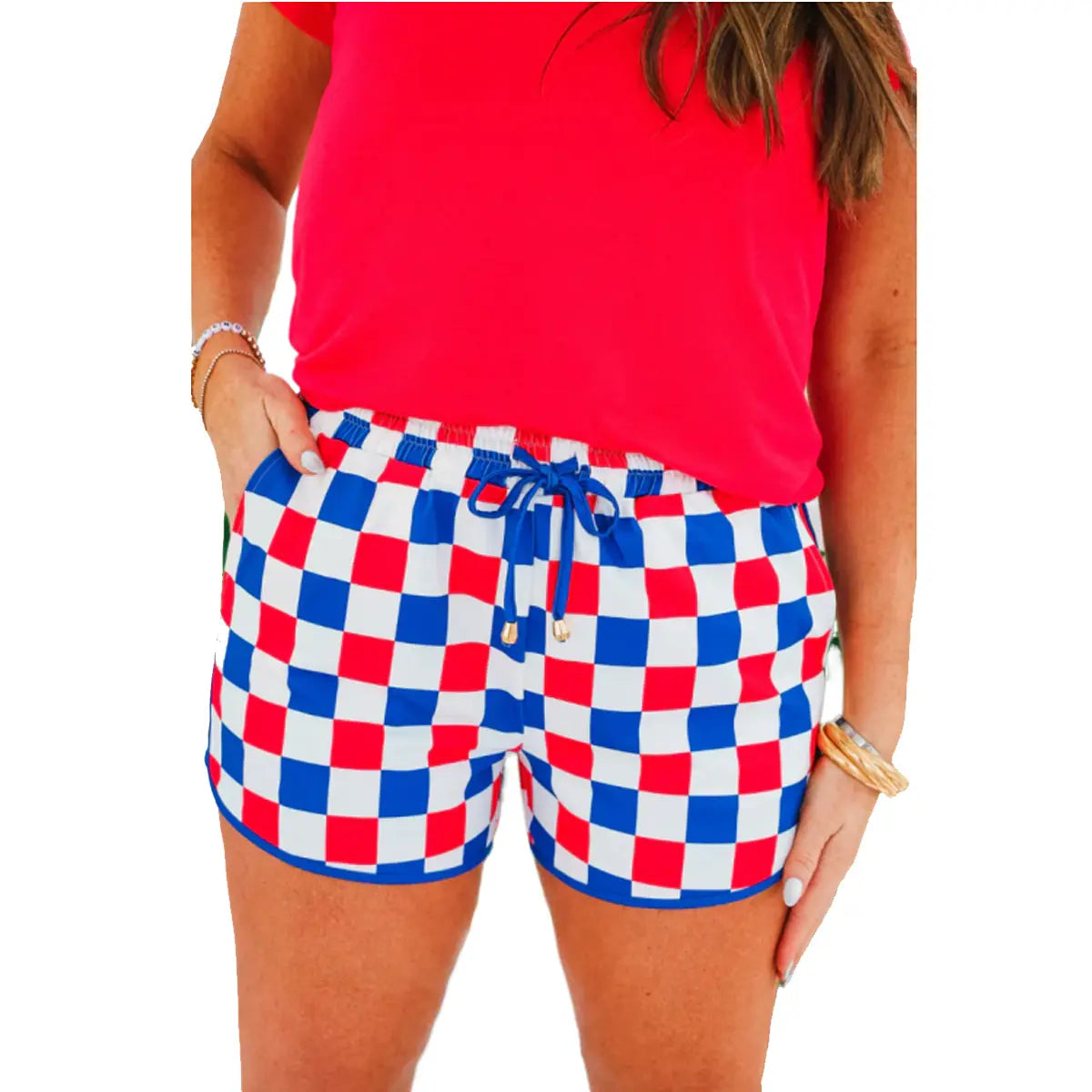 Women's Checkered Adjustable Drawstring Elastic Waist Casual Shorts