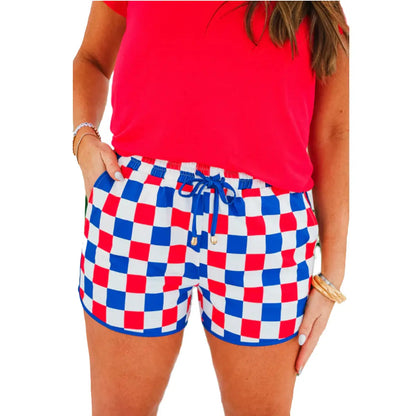 Women's Checkered Adjustable Drawstring Elastic Waist Casual Shorts