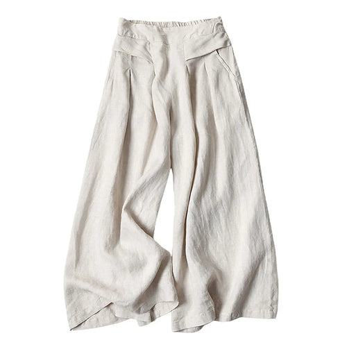 Women's Cotton Linen Elastic Waist Pocketed Cropped Wide-leg Pants