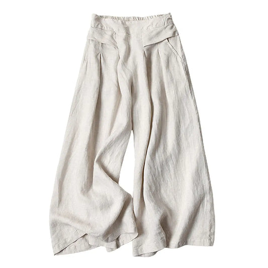 Women's Cotton Linen Elastic Waist Pocketed Cropped Wide-leg Pants