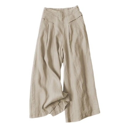 Women's Cotton Linen Elastic Waist Pocketed Cropped Wide-leg Pants