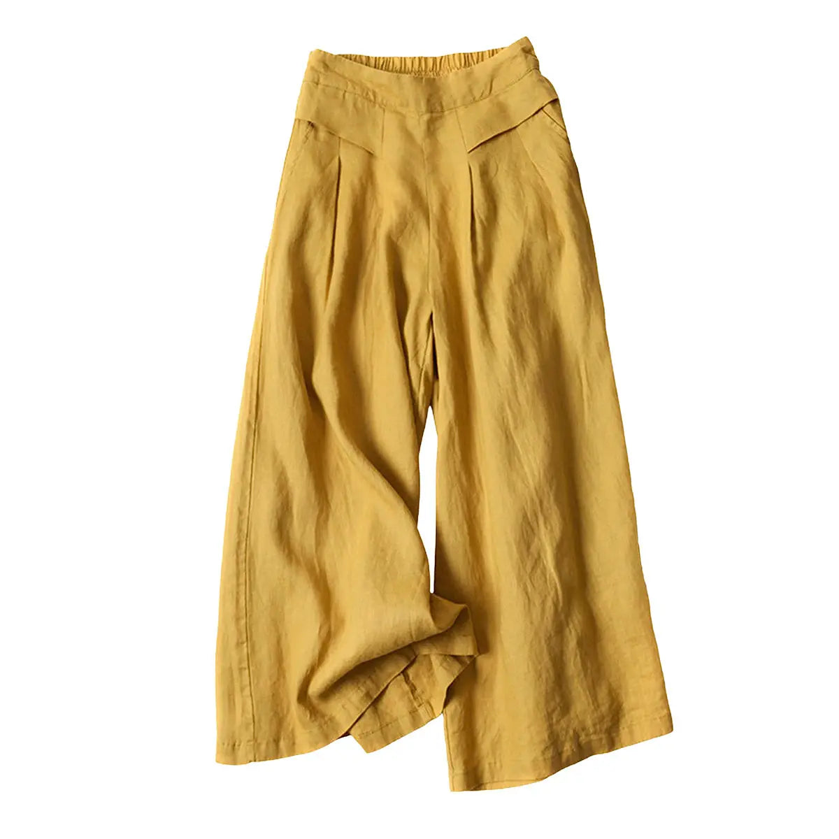 Women's Cotton Linen Elastic Waist Pocketed Cropped Wide-leg Pants