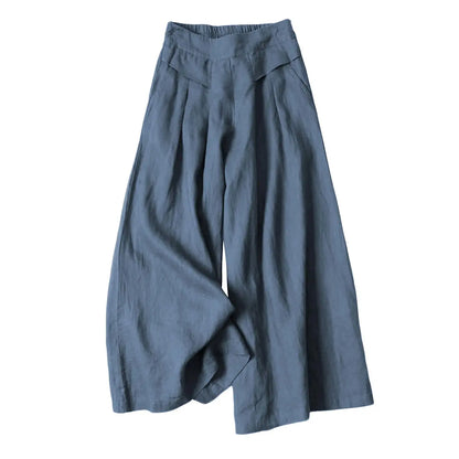 Women's Cotton Linen Elastic Waist Pocketed Cropped Wide-leg Pants