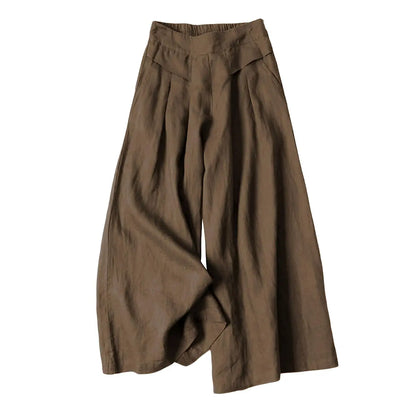 Women's Cotton Linen Elastic Waist Pocketed Cropped Wide-leg Pants