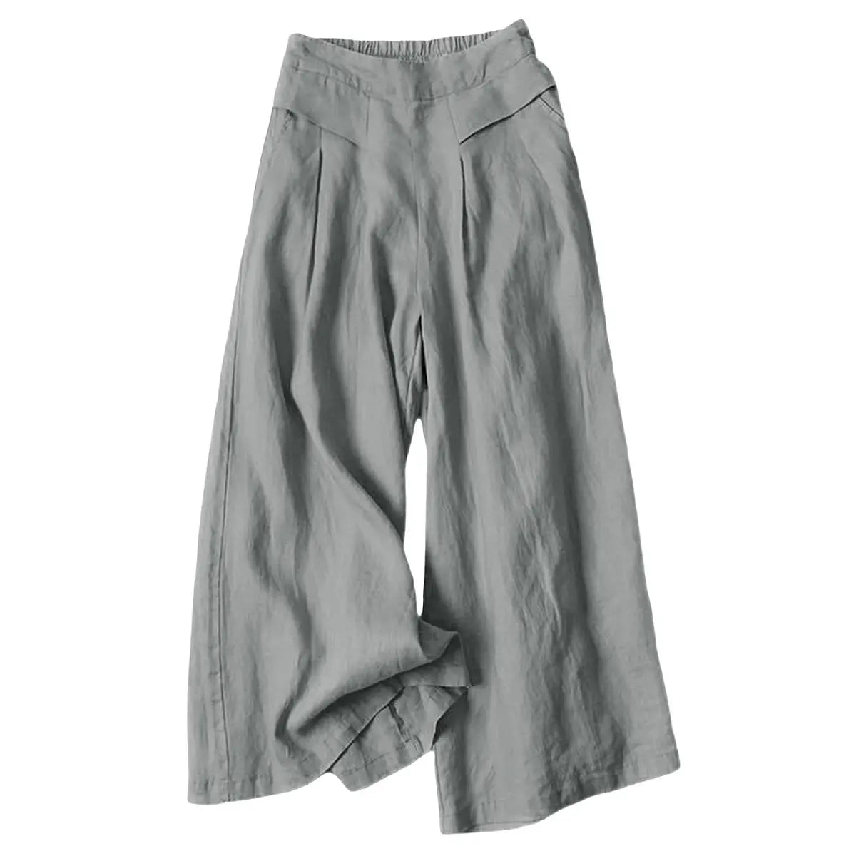 Women's Cotton Linen Elastic Waist Pocketed Cropped Wide-leg Pants