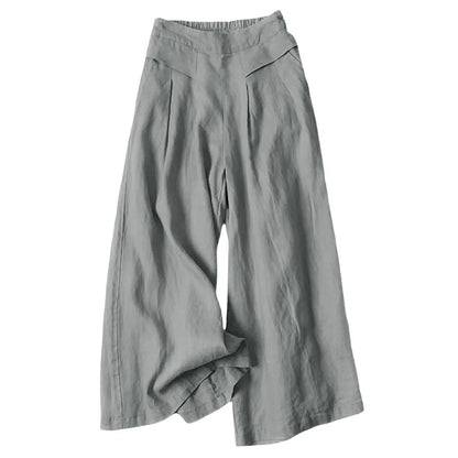 Women's Cotton Linen Elastic Waist Pocketed Cropped Wide-leg Pants