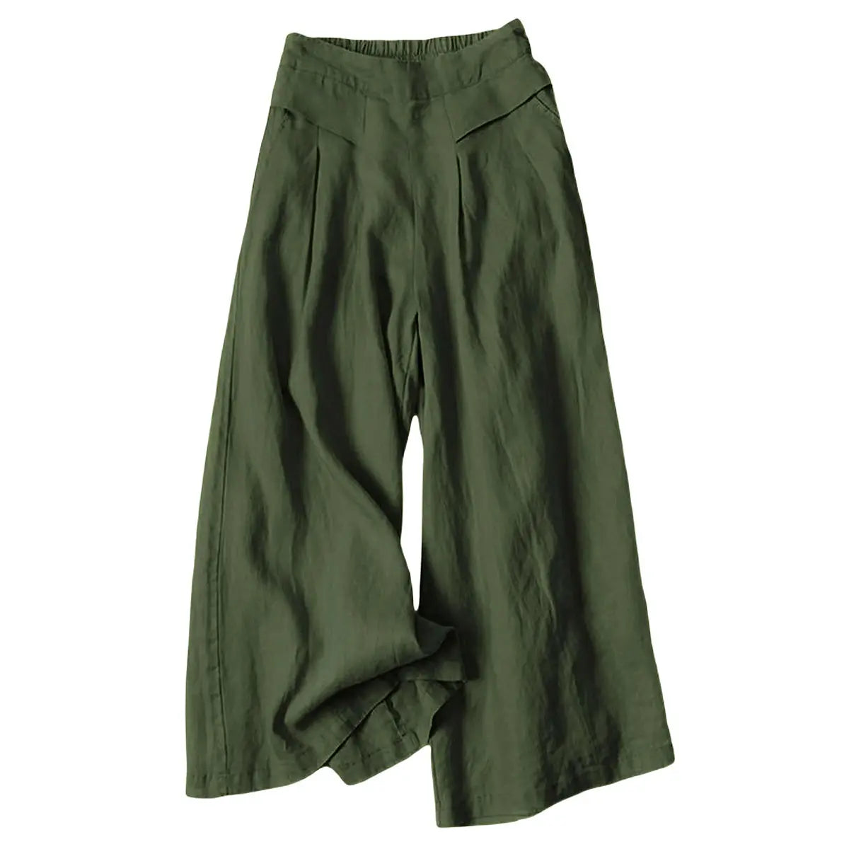Women's Cotton Linen Elastic Waist Pocketed Cropped Wide-leg Pants