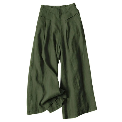 Women's Cotton Linen Elastic Waist Pocketed Cropped Wide-leg Pants