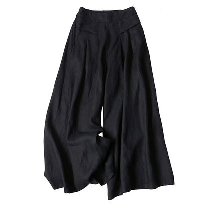 Women's Cotton Linen Elastic Waist Pocketed Cropped Wide-leg Pants