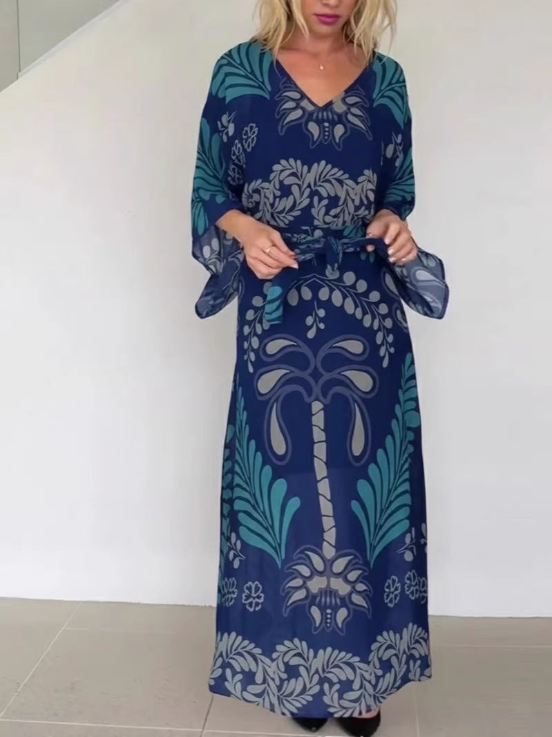Bohemian Print Loose-fitting Slit Maxi Dress