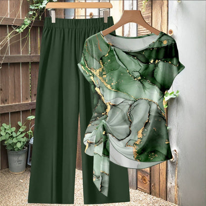 Women's round neck printed short-sleeved knotted top and wide-leg trousers suit