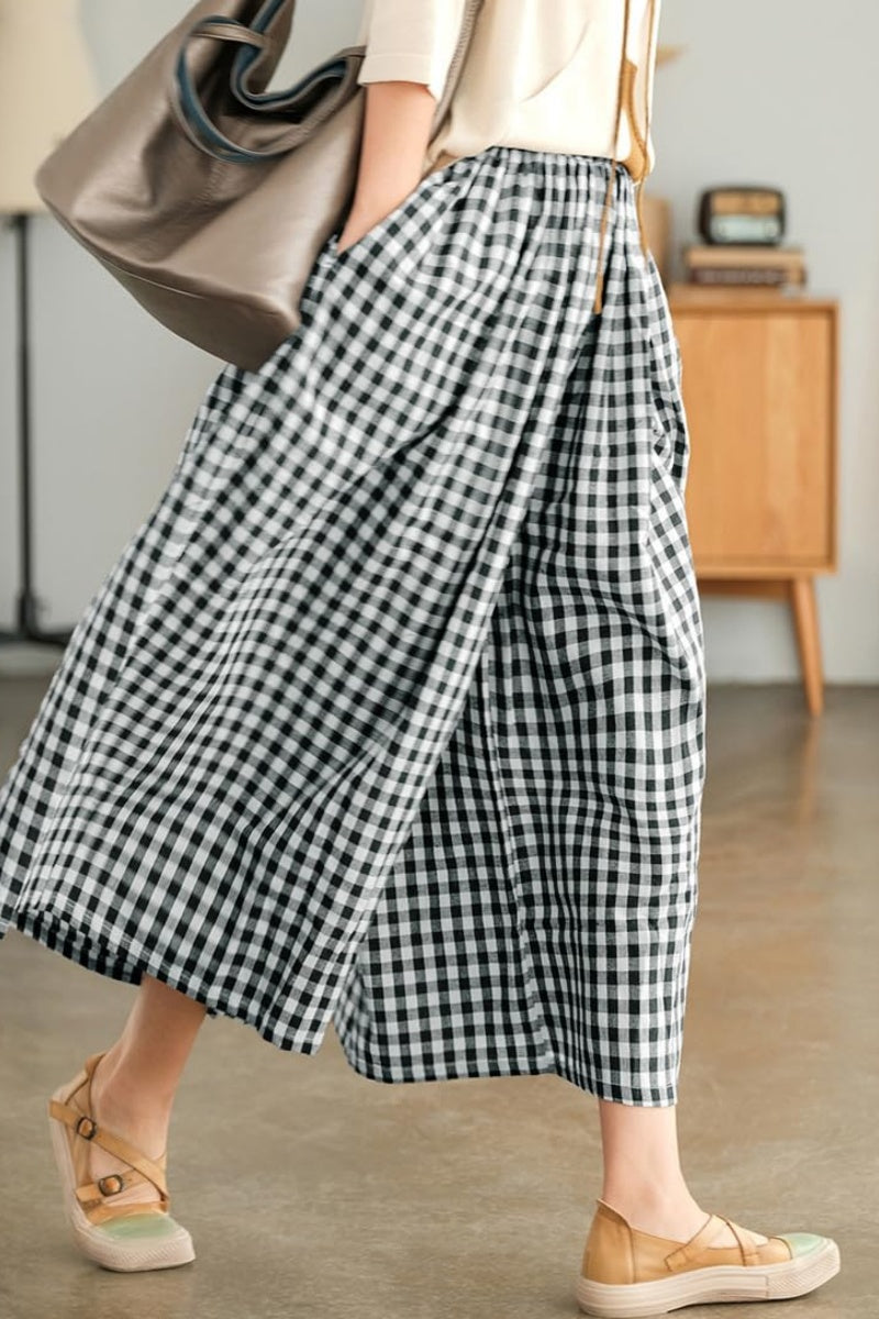 Women's Summer Casual Plaid Wide-Leg Capri Pants